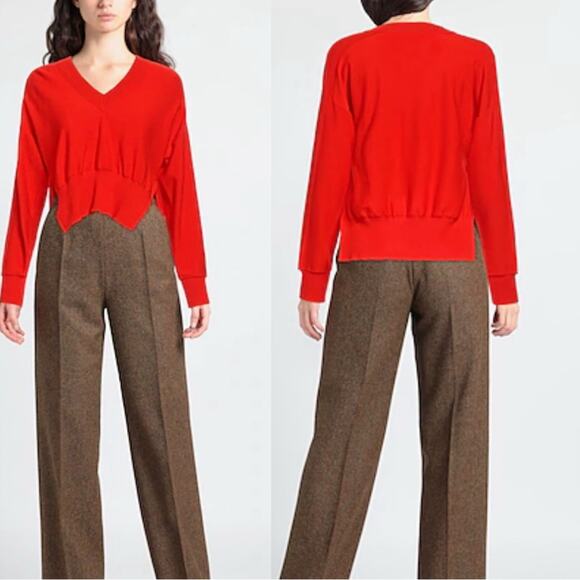 Cedric Charlier Red Wool Sweater - Asymmetrical Hem - V Neck Size 8 - Picture 1 of 10
